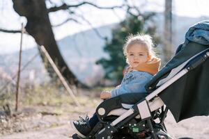 Little girl sits in a stroller in the park and looks away. Side view photo