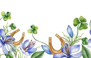 Seamless border with saffron and clover watercolor illustration isolated on white. Painted horseshoe and flowers. Hand drawn Irish symbol. Design element for St. Patrick day, web banner, package. vector