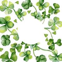 Circle frame with shamrock and clover watercolor illustration isolated on white background. Painted green four leaves. Hand drawn Celtic symbol. Design element for St. Patrick day postcard, package. vector