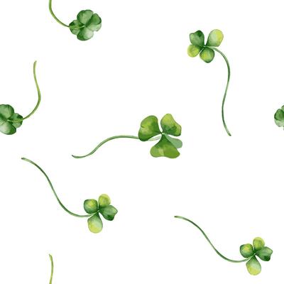 Shamrock and clover watercolor seamless pattern isolated on white background. Painted green four leaves. Hand drawn Celtic symbol. Design for St. Patrick day decoration, textile, wrapping, paper