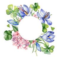 Circle frame with flowers and shamrock watercolor illustration isolated on white. Painted pink hydrangea flowers frame. Hand drawn Irish symbol. Design for St. Patrick day, Easter, springtime, package vector