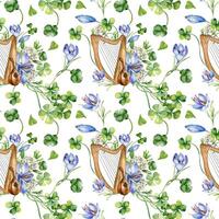 Musical instruments and spring flowers watercolor seamless pattern isolated on white. Painted green clover with harp and mandolin. Irish symbol hand drawn. Design for St. Patrick day background. vector