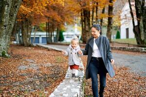 Mom leads a little girl by the hand along a stone fence in the autumn forest walking along the road photo