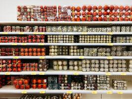 Podgorica, Montenegro - 25 december 2022. Multi-colored sets of balls in boxes are on the shelves in the supermarket photo