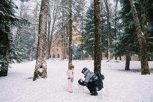 pequeño niña mira a su madre haciendo un monigote de nieve cara fuera de pino conos en el bosque foto