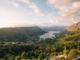 View of the valley of the Bay of Kotor surrounded by a high mountain range. Montenegro. Drone photo