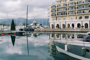 Motor yachts stand at the pier with a decorated Christmas tree near the Regent Hotel. Porto, Montenegro photo