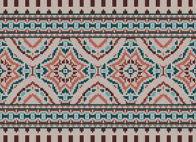 Cross Stitch Border. Embroidery Cross Stitch. Ethnic Patterns. Geometric Ethnic Indian pattern. Native Ethnic pattern.Texture Textile Fabric Clothing Knitwear print. Pixel Horizontal Seamless Vector. vector