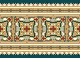 flower embroidery on brown background. ikat and cross stitch geometric seamless pattern ethnic oriental traditional. Aztec style illustration design for carpet, wallpaper, clothing, wrapping, batik. vector