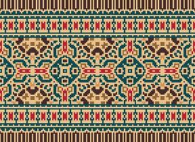 Pixel Cross Stitch pattern with Floral Designs. Traditional cross stitch needlework. Geometric Ethnic pattern, Embroidery, Textile ornamentation, fabric, Hand stitched pattern, pixel art. vector