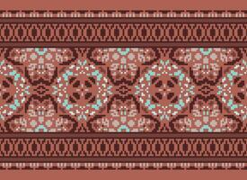 flower embroidery on brown background. ikat and cross stitch geometric seamless pattern ethnic oriental traditional. Aztec style illustration design for carpet, wallpaper, clothing, wrapping, batik. vector