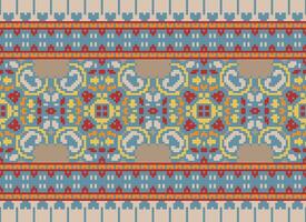 Pixel Cross Stitch pattern with Floral Designs. Traditional cross stitch needlework. Geometric Ethnic pattern, Embroidery, Textile ornamentation, fabric, Hand stitched pattern, pixel art. vector