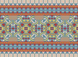 Pixel Cross Stitch pattern with Floral Designs. Traditional cross stitch needlework. Geometric Ethnic pattern, Embroidery, Textile ornamentation, fabric, Hand stitched pattern, pixel art. vector