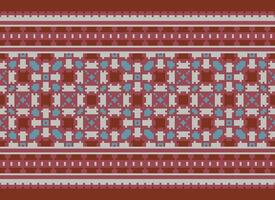 Pixel Cross Stitch pattern with Floral Designs. Traditional cross stitch needlework. Geometric Ethnic pattern, Embroidery, Textile ornamentation, fabric, Hand stitched pattern, Cultural stitching vector