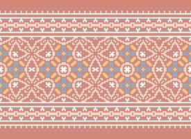 Pixel Cross Stitch pattern with Floral Designs. Traditional cross stitch needlework. Geometric Ethnic pattern, Embroidery, Textile ornamentation, fabric, Hand stitched pattern, pixel art. vector