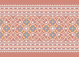 Pixel Cross Stitch pattern with Floral Designs. Traditional cross stitch needlework. Geometric Ethnic pattern, Embroidery, Textile ornamentation, fabric, Hand stitched pattern, pixel art. vector