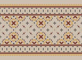 Pixel Cross Stitch pattern with Floral Designs. Traditional cross stitch needlework. Geometric Ethnic pattern, Embroidery, Textile ornamentation, fabric, Hand stitched pattern, Cultural stitching vector