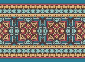 Cross Stitch Border. Embroidery Cross Stitch. Ethnic Patterns. Geometric Ethnic Indian pattern. Native Ethnic pattern.Texture Textile Fabric Clothing Knitwear print. Pixel Horizontal Seamless Vector. vector