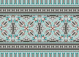 Pixel Cross Stitch pattern with Floral Designs. Traditional cross stitch needlework. Geometric Ethnic pattern, Embroidery, Textile ornamentation, fabric, Hand stitched pattern, pixel art. vector