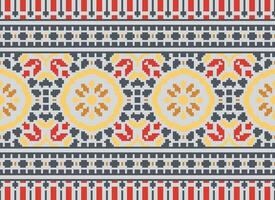 Cross Stitch pattern with Floral Designs. Traditional cross stitch needlework. Geometric Ethnic pattern, Embroidery, Textile ornamentation, fabric, Hand stitched pattern, Cultural stitching pixel art. vector