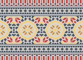 Cross Stitch pattern with Floral Designs. Traditional cross stitch needlework. Geometric Ethnic pattern, Embroidery, Textile ornamentation, fabric, Hand stitched pattern, Cultural stitching pixel art. vector