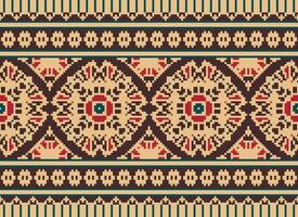 flower embroidery on brown background. ikat and cross stitch geometric seamless pattern ethnic oriental traditional. Aztec style illustration design for carpet, wallpaper, clothing, wrapping, batik. vector