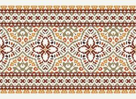 Pixel Cross Stitch pattern with Floral Designs. Traditional cross stitch needlework. Geometric Ethnic pattern, Embroidery, Textile ornamentation, fabric, Hand stitched pattern, pixel art. vector