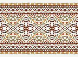 Pixel Cross Stitch pattern with Floral Designs. Traditional cross stitch needlework. Geometric Ethnic pattern, Embroidery, Textile ornamentation, fabric, Hand stitched pattern, pixel art. vector