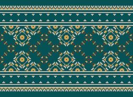 Pixel Cross Stitch pattern with Floral Designs. Traditional cross stitch needlework. Geometric Ethnic pattern, Embroidery, Textile ornamentation, fabric, Hand stitched pattern, Cultural stitching vector