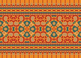 Pixel Cross Stitch pattern with Floral Designs. Traditional cross stitch needlework. Geometric Ethnic pattern, Embroidery, Textile ornamentation, fabric, Hand stitched pattern, pixel art. vector