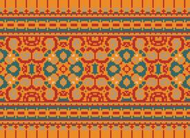 Pixel Cross Stitch pattern with Floral Designs. Traditional cross stitch needlework. Geometric Ethnic pattern, Embroidery, Textile ornamentation, fabric, Hand stitched pattern, pixel art. vector