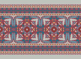 Cross Stitch pattern with Floral Designs. Traditional cross stitch needlework. Geometric Ethnic pattern, Embroidery, Textile ornamentation, fabric, Hand stitched pattern, Cultural stitching pixel art. vector