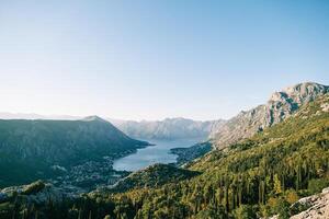 View from Mount Lovcen to the Bay of Kotor surrounded by a mountain range. Montenegro photo