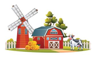 Barn house with windmill and cow. Farm building concept. Vector illustration isolated on white background