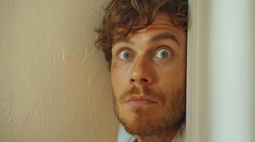 AI generated Close-up of a man peeking around the corner photo