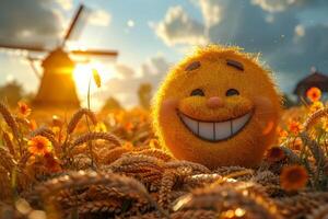 AI generated A cheerful cartoon sunny character in a field with wheat and a mill. 3d illustration photo