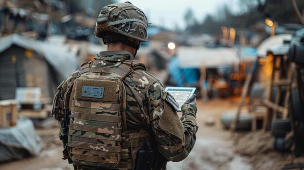 AI generated A soldier with a tablet in his hands controls a patrolling quadcopter. Modern military weapons photo