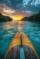 AI generated Multicolored SUP board on a blue sea background photo