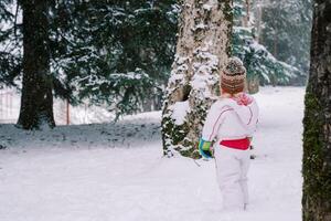 Little girl stands in a snowy forest under snowfall and looks at a tree. Back view photo