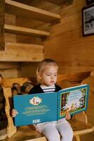 pequeño niña leyendo un libro de hada cuentos mientras sentado en un silla cerca el escalera en un de madera cabaña foto