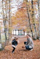 Dad squats in the autumn forest throwing fallen leaves at a little jumping girl. Side view photo