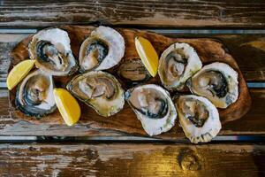 Opened oysters lie on a wooden tray with slices of oranges on the table photo