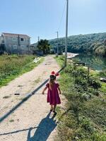 pequeño niña con minnie ratón orejas en su cabeza y un aterrizaje red en su manos camina a lo largo el río banco foto