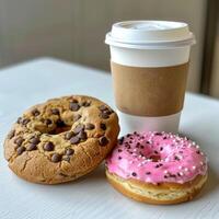 AI generated A cardboard coffee cup and two donuts are on the table photo
