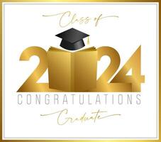 Class of 2024 graduation congrats. Golden number 20 24 with open book. 3D graphic elements. Diploma design. Wallpaper banner with cute gold frame. Congratulations graduates. Certificate template. vector