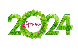 Creative green logo 2024 with flowers and leaves. Modern design. Number background with isolated clipping mask. Happy spring or hello summer concept. Horizontal label. Special offer template. vector