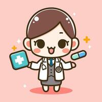 vector linda médico niña participación medicina caja kawaii dibujos animados