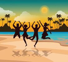 Happy people enjoying summer vacations on the beach, they are dancing and talking, tourism and summer time concept vector