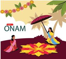 ilustración de contento onam decoración con diya y rangoli vector