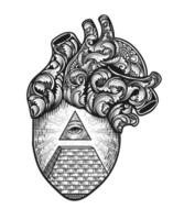 ilustración vector Illuminati ojo con grabado ornamento corazón.